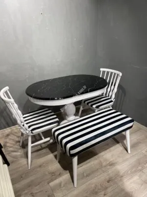 OVEL BABA MASA SİYAH MERMER TAKIM