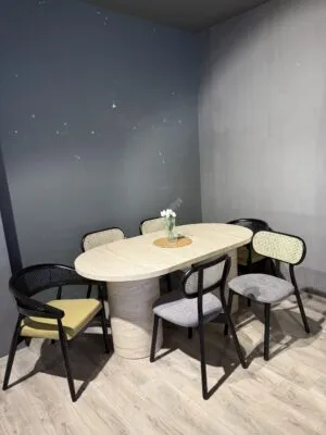 Traverten Masa Paris Sandalye Siyah Takım